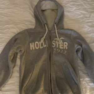 Grå hoodie från Hollister - Säljer en grå hoodie från Hollister med dragkedja och broderad logga på framsidan. Hoodien har en mysig fleecefodrad insida och justerbar huva med snören. Perfekt för kyliga dagar!
