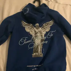 Säljer en snygg blå hoodie från Hoodrich med ett coolt tryck av en ängel och texten 'From Nothing To Something' på ryggen. Framtill finns också ett mindre tryck med samma tema. Hoodien är perfekt för både chill och streetwear-stil. Den har en klassisk passform med långa ärmar och en skön huva.