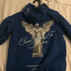 Blå hoodie från Hoodrich - Säljer en snygg blå hoodie från Hoodrich med ett coolt tryck av en ängel och texten 'From Nothing To Something' på ryggen. Framtill finns också ett mindre tryck med samma tema. Hoodien är perfekt för både chill och streetwear-stil. Den har en klassisk passform med långa ärmar och en skön huva.