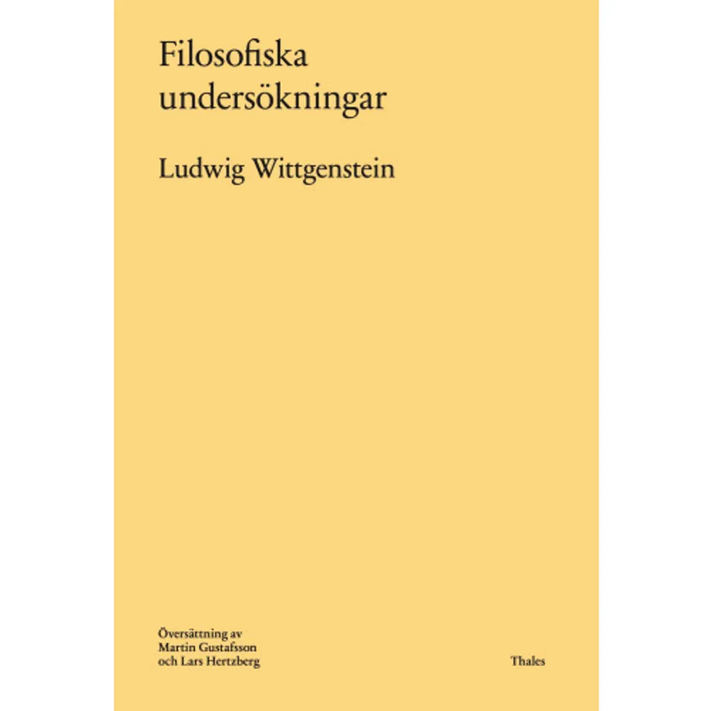 Detta är en nyöversättning (2021) av ett av de mest inflytelserika verken i modern filosofi. Filosofiska undersökningar utkom postumt 1953, och är den viktigaste framställningen av Ludwig Wittgensteins sena filosofi, där han bland annat introducerar begrepp som språkspel och familjelikhet . På ett prövande och eftertänksamt sätt rör sig verket utan tydliga avbrott mellan filosofins kärnfrågor: språk och mening, tänkande, förståelse, avsikt, varseblivning och förnimmelse.Många reflektioner handlar om hur ord används, ibland i form av påminnelser om hur vi faktiskt talar, ibland i form av påhittade exempel. Andra innehåller små dialoger kring ett filosofiskt problem eller reaktioner på en vilseledande filosofisk bild. Några innehåller obesvarade frågor eller behandlar filosofins egenart. För översättningen svarar professor emeritus Lars Hertzberg och professor Martin Gustafsson, både verksamma vid Åbo Akademi.    Format Inbunden   Omfång 277 sidor   Språk Svenska   Förlag Bokförlaget Thales   Utgivningsdatum 2021-04-07   Medverkande Martin Gustafsson   Medverkande Lars Hertzberg   Medverkande Ulf Jacobsen   ISBN 9789172351189  . Böcker.