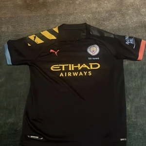 Man City 125 år - Säljer en svart fotbollströja från Puma med korta ärmar. Den har gula detaljer och texten 'Etihad Airways' på framsidan. På baksidan står det 'Mahrez 26'. Tröjan firar 125 år och har klubbens emblem på bröstet. Perfekt för fans! 