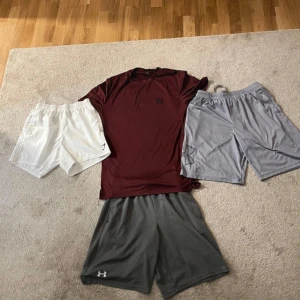 3 träningsshorts, 1 par träningsbyxor och tränings tröja  - Säljer dessa träningskläder i ett paket för ett bra pris  Sparsamt använda och allting är storlek M förutom Gymshark shortsen som är storlek S  Varumärken: Under Armour, Better Bodies och gymshark 