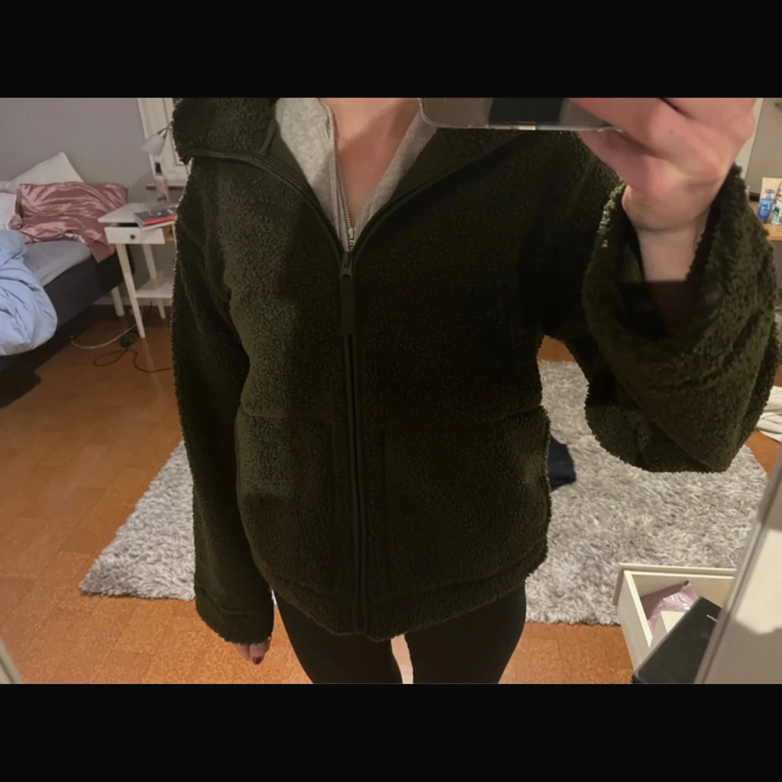Mörkgrön teddyjacka med dragkedja - 92