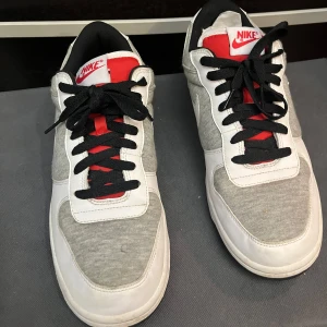 Ovanliga Nike Dunk low i grått och vitt - Ovanliga Nike Dunk low från 2010. sneakers i grått och vitt med svarta snören och röda detaljer. Skorna har en klassisk design med Nike-logga på hälen och en bekväm passform. Endast använda nån gång och då inomhus. Ingen kartong