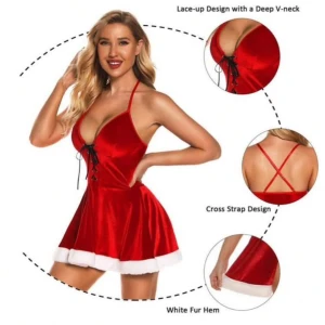 julklänning - Festlig röd klänning med djup v-ringning och snörning framtill. Klänningen har korsade axelband och en vit pälsdetalj vid fållen. Perfekt för julfiranden.     passar en m/ L om man vill ha den lite tight