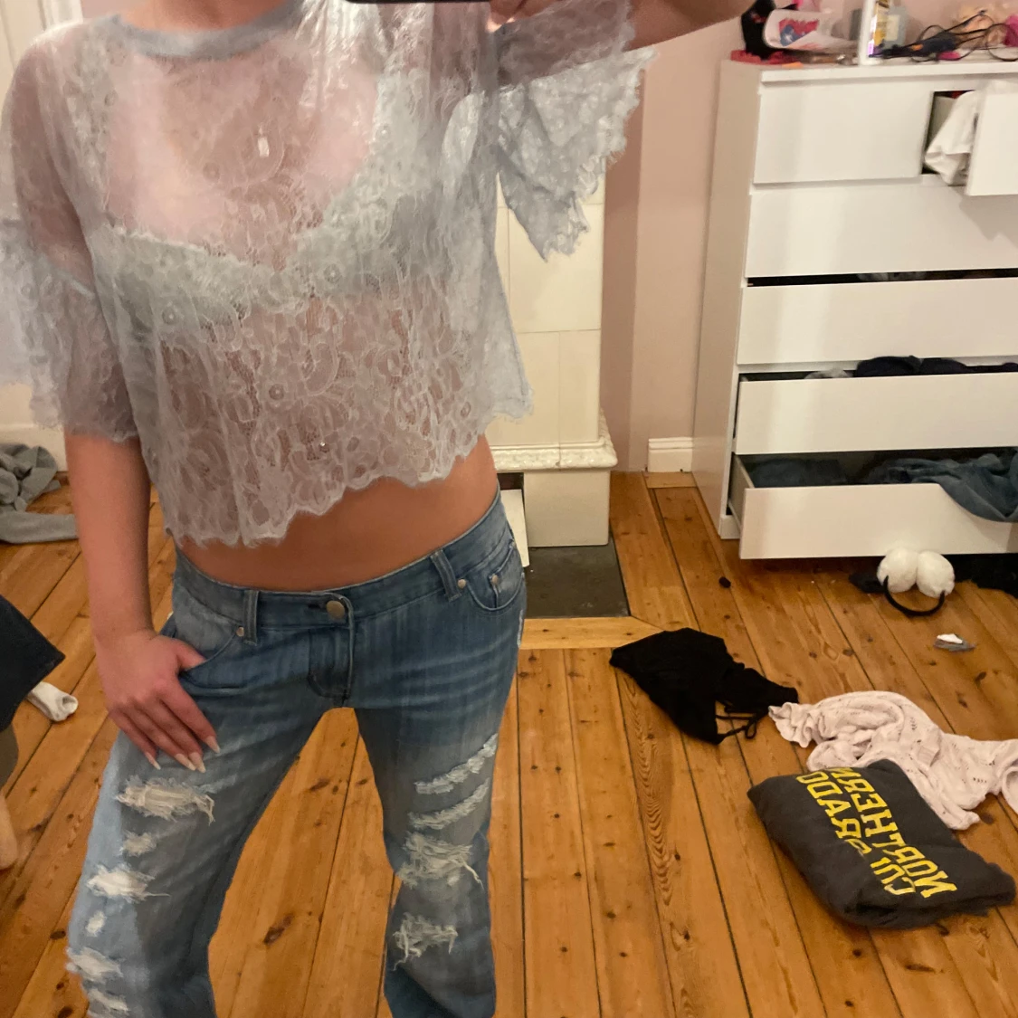 Grå/blå spetsblus - 90