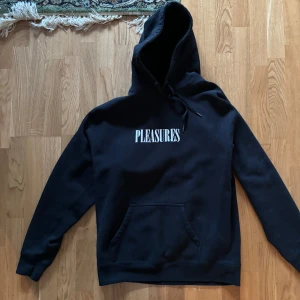 Svart hoodie från Pleasures - Säljer en svart hoodie från Pleasures med texten 'PLEASURES' tryckt på framsidan och ett färgglatt tryck på baksidan med texten 'Neworder Technique'. Hoodien har en klassisk passform med känguruficka och justerbar huva.