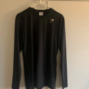 Svart långärmad tröja från Gymshark - Säljer en svart långärmad tröja från Gymshark i storlek S. Perfekt för träning eller som ett stilrent basplagg. Tröjan är i bra skick och har en enkel design med Gymshark-loggan på bröstet. Passar både för höst och vår.