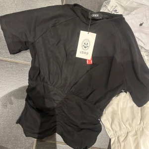 Svart topp från Cider - Snygg svart topp från Cider med korta ärmar och en unik rynkad detalj i midjan. Perfekt för en stilren look. Tyvärr åkte kedjeflörpen bort när jag testade tröjan, den passade inte. Därav priset, man får laga den!☺️