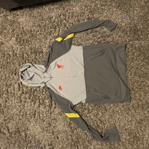 Grå Liverpool hoodie - Säljer en grå liverpool hoodie eftersom den är för liten. Den har en liten fläck på magen som syns på bilden. Tröjan är perfekt till träning eller att använda på jobb eller skola. 
