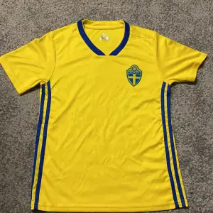 Säljer Sveriges fotbollströja och fotbollsbyxor med blå detaljer och Sveriges emblem på bröstet. Tröjan har korta ärmar och blå ränder längs 💙sidorna. Perfekt för att heja på Sverige! 💛  Sverige t shirt, perfekt för barn i åldern 10-11 år.