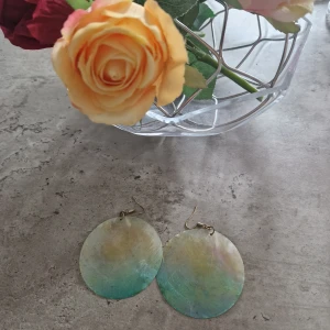 Stora runda örhängen i pastell - Säljer ett par stora, runda örhängen med skimrande pastellfärger i grönt, blått och gult. De har en tunn, lätt känsla och ger en cool boho-vibe. Perfekta för dig som gillar statement-smycken och vill sticka ut lite extra.