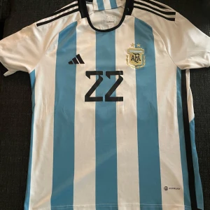 Argentina VM tröja 2022 tröja  - M men passar L också,  Snygg Argentina fotbollströja från Adidas med L. Martinez och nummer 22 på ryggen. Klassiska blå och vita vertikala ränder, svart krage och axelband, samt AFA-emblem på bröstet. Tillverkad i lätt och ventilerande material med Aeroready-teknologi.