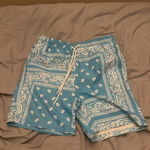 Blå bandanamönstrade badshorts - Snygga blå badshorts med vitt bandanamönster och snörning i midjan. Perfekta för stranden eller poolen, med avslappnad passform och elastisk midja. Lätta och snabbtorkande material gör dem superbekväma hela sommaren.