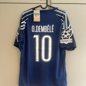PSG O. Dembélé matchtröja blå - Snygg blå PSG fotbollströja med O. Dembélé och nummer 10 på ryggen. Tröjan har vita detaljer, Jordan-logga, PSG-märke och Qatar Airways-tryck på bröstet. Ärmarna har vita ränder och UEFA Foundation-märke. Tillverkad i lätt och ventilerande material.