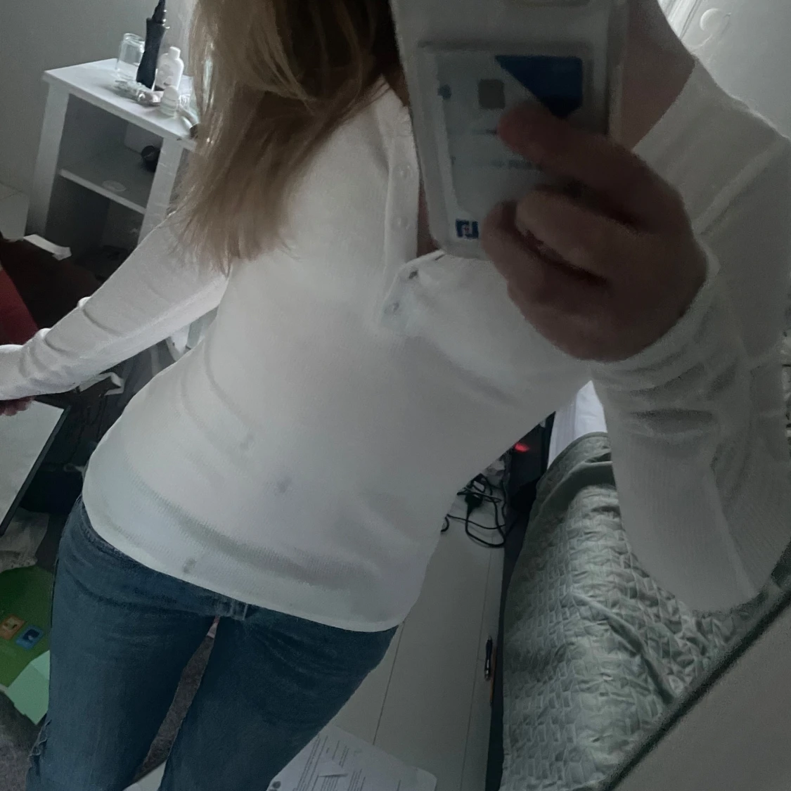 Vit långärmad ribbad pikétröja - 1