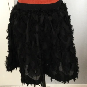 Svart kjol med fransdetaljer från H&M 36 - Svart kjol med resår i midjan och dekorativa fransar. Svart kjol i polyester Resår i midja Längd: 47cm Midja: 64. Katter finns i hemmet!