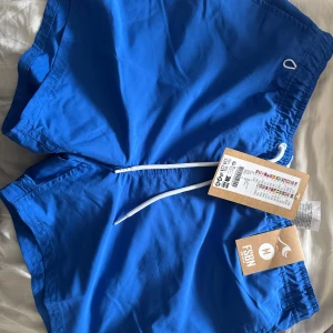 Blåa badshorts från FSBN med snörning - Snygga blå badshorts från FSBN med vit snörning i midjan och elastisk resår. Shortsen har en bakficka med knapp och är perfekta för stranden eller poolen. Tillverkade i snabbtorkande material och har en klassisk, enkel design.