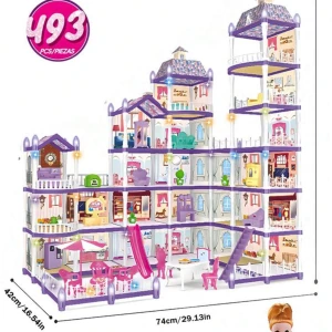 Dockhus med 493 delar - Stort och detaljerat dockhus med 493 delar. Huset har flera våningar och rum, inklusive en rutschkana och möbler. Perfekt för kreativ lek och inredning. Mått: 74 cm x 42 cm.