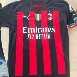 AC Milan fotbollströja med R. Leão 17 - Snygg AC Milan fotbollströja från Puma med R. Leão och nummer 17 på ryggen. Tröjan är svart med röda ränder och har klubbens emblem på bröstet. Perfekt för fans av laget!