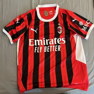 AC Milan Puma fotbollströja M - AC Milan matchtröja från Puma i storlek M. Tröjan har klassiska röda och svarta vertikala ränder, vit krage och vita detaljer på ärmarna. Materialet är lätt och andas, perfekt för träning eller match. Framsidan har AC Milan-emblem och Emirates Fly Better-tryck.