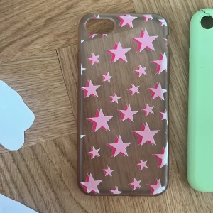 Genomskinligt mobilskal med rosa stjärnor - Säljer ett genomskinligt mobilskal dekorerat med rosa och vita stjärnor i olika storlekar. Skalets design är lekfull och färgglad, perfekt för att ge mobilen en personlig touch.