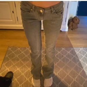 Lågmidjade grå bootcut jeans - Säljer ett par lågmidjade grå jeans med bootcut passform. Jeansen har klassisk femficksdesign, knapp- och dragkedjestängning samt lätt slitna detaljer. Perfekta för dig som gillar en retro vibe.