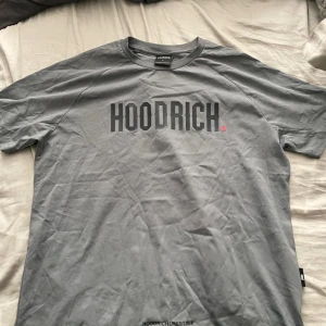 Grå t-shirt från Hoodrich - Säljer en grå t-shirt från Hoodrich med stor svart logga framtill och tryck på ryggen. T-shirten har normal passform och är tillverkad i mjuk bomull. Perfekt för en avslappnad streetwear-look. Helt ny köpt för 950