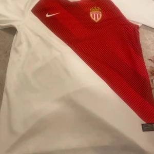 Vit och röd fotbollströja från Nike - Säljer en snygg fotbollströja från Nike med ett diagonalt rött mönster över bröstet och klubbmärke. Tröjan är kortärmad och tillverkad i Dri-FIT-material för optimal komfort. Perfekt för fotbollsfans som vill ha en autentisk look.