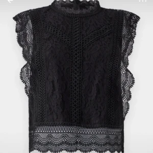 Svart spetsblus - Elegant svart spetsblus med detaljerade spetskanter och ett vackert blommönster. Blusen är ärmlös och har en hög halsringning, vilket ger en sofistikerad look. Perfekt för en stilfull kväll.