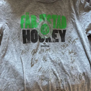 Färjestad Hockey t-shirt signerad Reebok - Unik grå t-shirt från Reebok med Färjestad Hockey-tryck i grönt och svart på bröstet. T-shirten är kortärmad och har flera autografer från spelare över hela framsidan. Perfekt för dig som älskar hockey och vill ha något riktigt speciellt i garderoben. Helt ny aldrig använd 