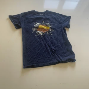 Blå Rave Skateboards t-shirt S - Säljer en blå t-shirt från Rave Skateboards i 100% bomull. Trycket på bröstet visar en knytnäve som slår igenom en vägg med texten 'RAVE' i gult. Klassisk passform och rund hals. Perfekt för dig som gillar streetwear och skatekultur.