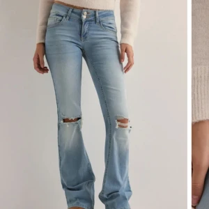 Ljusblå jeans med slitningar - Ljusblåa jeans från Nelly med låg midja och snygga fickor. Använda väldigt fåtal gånger, som nya. Priset kan diskuteras!