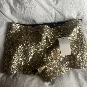 Glittriga shorts från Zara - Snygga glittriga shorts från Zara i guld. Perfekta för att sticka ut på festen. De har en tight passform och är täckta med paljetter för extra bling. Ett måste för den som vill glänsa!