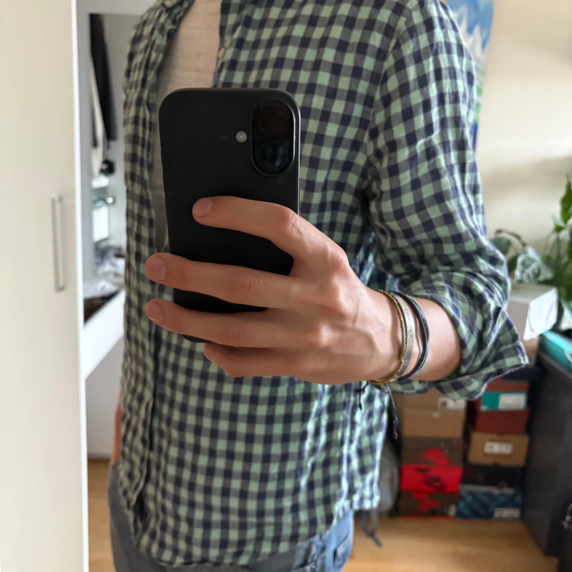 Grönblå rutig linneskjorta - 2