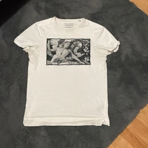 Vit t-shirt med tryck från Limitato - Vit t-shirt från Limitato med ett svartvitt tryck framtill som föreställer en kvinna bland pengar och ett roulettebord. Klassisk rund halsringning och normal passform. Tillverkad i mjuk bomull. Priset är inte hugget i sten. Små hål vid magen och vid trycket men inget man ser när den är på.