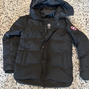 Svart dunjacka från Canada Goose - Säljer en svart dunjacka från Canada Goose med huva och klassisk logga på ärmen. Jackan är vadderad, har dragkedja och knappar framtill samt två stora fickor. Perfekt för kalla vinterdagar och riktigt snygg streetstil.