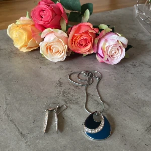 Set med halsband och örhängen i silver - Snyggt smyckeset med ett halsband och matchande örhängen i silverfärg. Halsbandet har ett droppformat hänge i blått och silver med glittrande stenar. Örhängena är smala och avlånga med infattade stenar som ger extra bling.