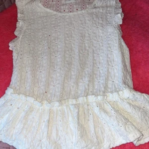 Vit ärmlös topp från JDY - Säljer en söt vit ärmlös topp från JDY med volangdetaljer. Toppen har ett fint broderat mönster och en luftig passform. Perfekt för varma dagar eller som ett lager under en jacka. Den är i väldigt bra skick endast använd 2 gånger.💗