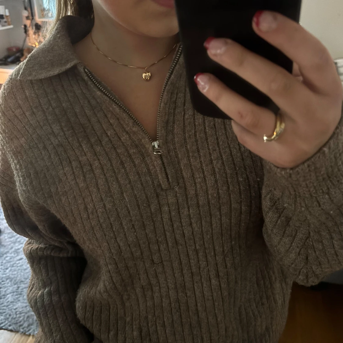 Brun zip tjock tröja  - 1