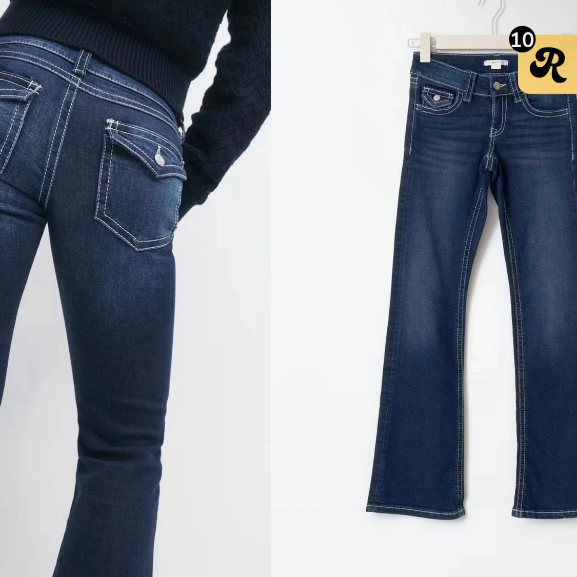 Mörkblå bootcut jeans med vita sömmar - 1