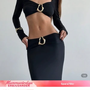 Svart långkjol med gulddetaljer med topp - Svart långkjol med snygga guldfärgade spännen framtill. Kjolen har en tight passform och är perfekt för dig som gillar en stilren men ändå trendig look. Matcha med crop top för en komplett outfit.