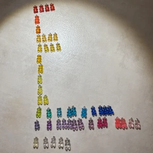 Mixade gummi Björns berlocker i regnbågsfärger 🌈 - Säljer ett stort gäng björn berlocker i massor av färger som röd, orange, gul, grön, blå, lila, rosa och transparent. Perfekta att använda till att göra egna halsband, armband eller örhängen. Alla hängen har en liten metallögla för enkel montering. Cirka 45-50 styckna! 