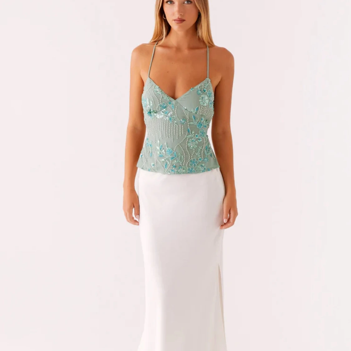 Mintgrön blommig linnetopp med snörning - 3