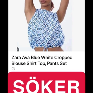 Blåvit croppad blus från Zara - Hej jag söker denna topp i stl S eller M !! Hör gärna av er om ni har en ni skulle vilja sälja, hade varit jätteuppskattat😇😇❤️❤️