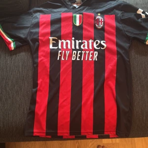 AC Milan hemmatröja R. Leão 17 - Säljer en AC Milan hemmatröja med R. Leão och nummer 17 på ryggen. Tröjan är svart och röd med vertikala ränder, korta ärmar och italienska flaggdetaljer på ärmsluten. Puma-logga och klubbmärke på bröstet samt sponsortryck.