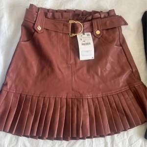 Plisserad brun kjol från Zara - Snygg brun kortkjol från Zara i skinnimitation med plisserad nederkant och bälte med guldfärgat spänne. Kjolen har hög midja och coola detaljer som markerade sömmar och fickor framtill. Perfekt för dig som vill sticka ut med en trendig look.