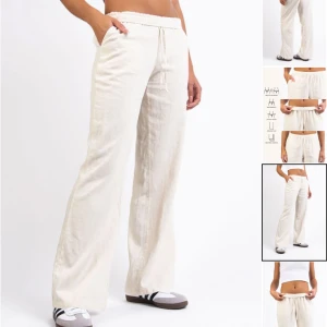 Beiga linnebyxor med dragsko - Snygga och avslappnade beiga linnebyxor med breda ben och elastisk midja med dragsko. Perfekta för en chill och stilren look. Lätta och luftiga, passar grymt till sneakers eller sandaler. Har används under föregående sommar men  är fortsatt i väldigt bra skick. Längd Regular och passar perfekt för mig som är 169 cm.