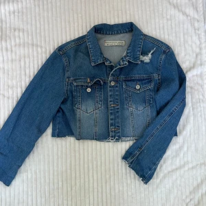 Blå croppad jeansjacka från Dilvin - Säljer en blå croppad jeansjacka från Dilvin med slitna detaljer på axeln och ryggen. Jackan har klassisk krage, knappar framtill och två bröstfickor. Perfekt för dig som gillar en trendig och avslappnad stil.