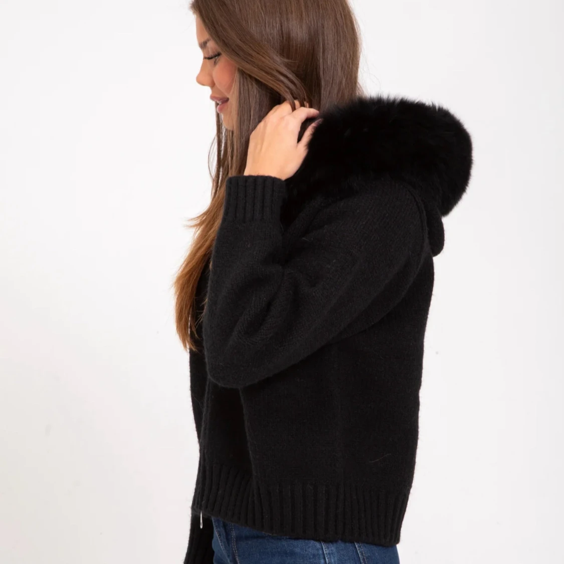 Svart cardigan jacka med pälshuva - 1
